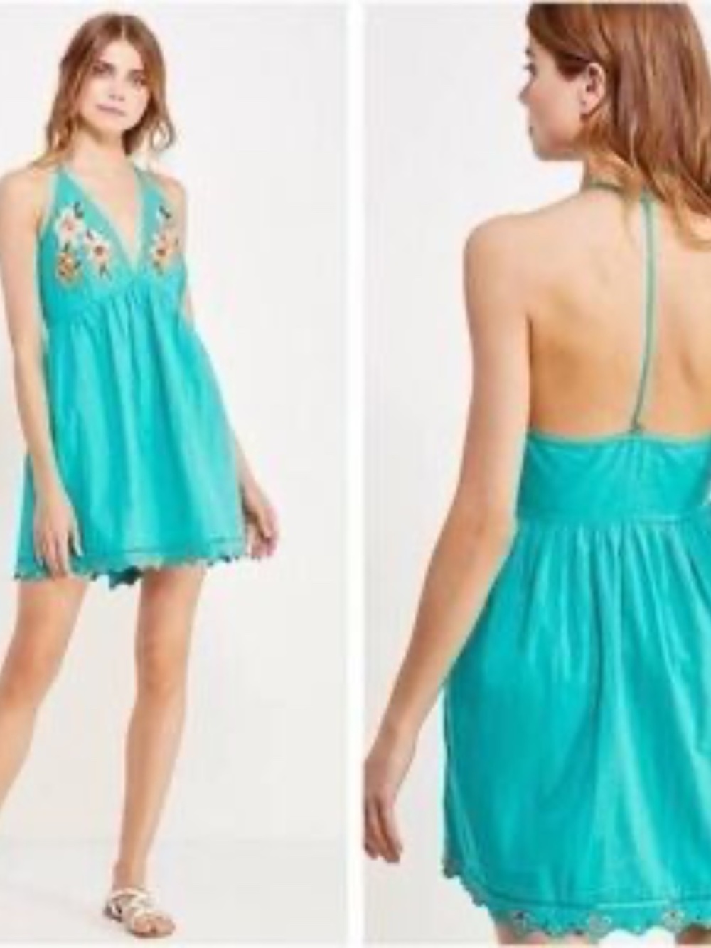 Free People Teal Embrodiered Dress Size Large